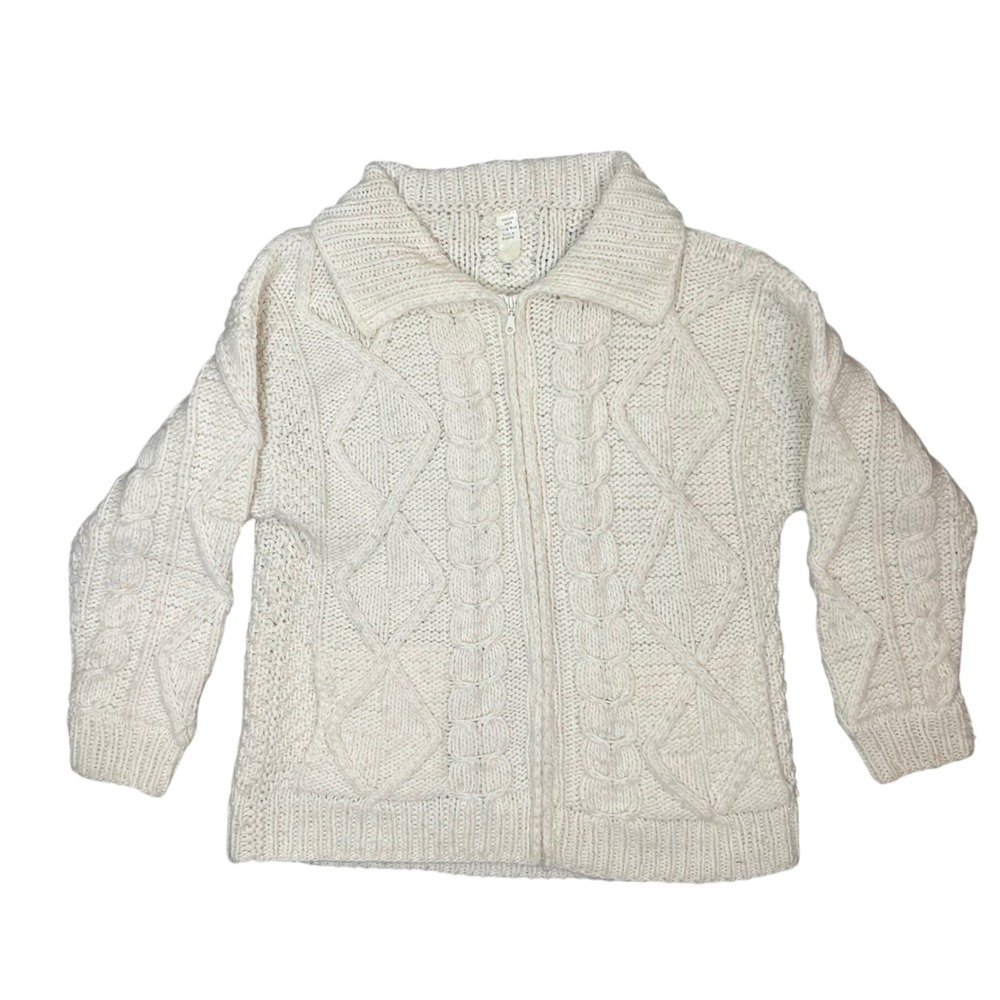 Indian Arts Vintage 100%‎ Wool Cable Knit Zip Up Cardigan Sweater Cream Ecuador